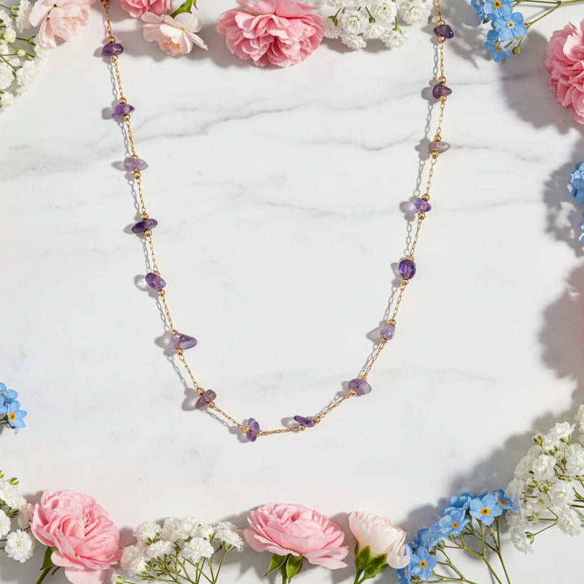 Amethyst Handmade Necklace and Bracelet set in 18K Gold Plating