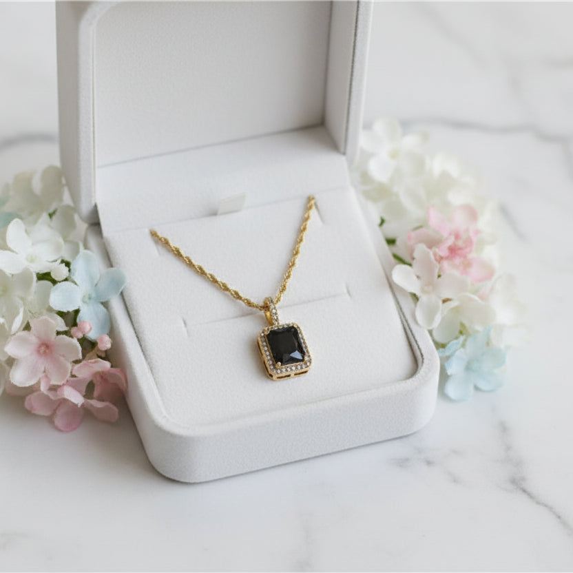 European Vintage Emerald Cut Natural Zircon Gemstone Pendant set in 18K Gold Plated Clavicle Necklace Capella Jewellery