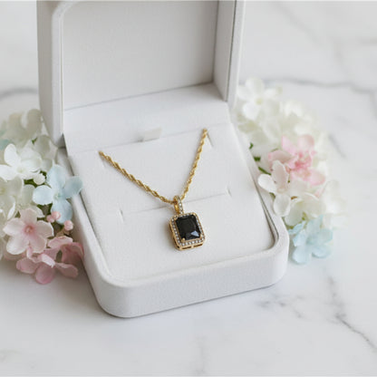 European Vintage Emerald Cut Natural Zircon Gemstone Pendant set in 18K Gold Plated Clavicle Necklace Capella Jewellery