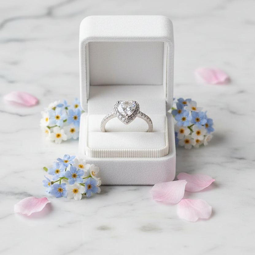 European Diamond Heart 1 Carat Moissanite Diamond Ring set in Platinum Plated 925 Silver (GRA)