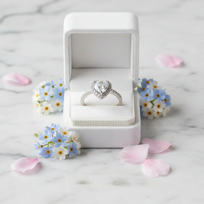 European Diamond Heart 1 Carat Moissanite Ring set in Platinum Plated 925 Silver (GRA) Capella Jewellery
