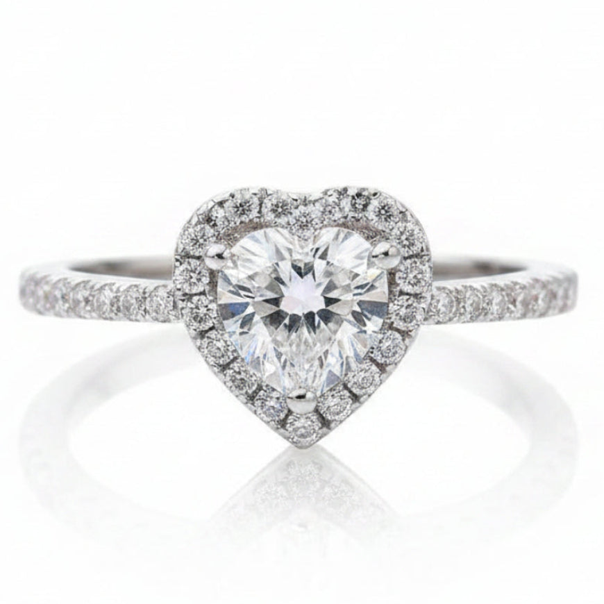 European Diamond Heart 1 Carat Moissanite Diamond Ring set in Platinum Plated 925 Silver (GRA)