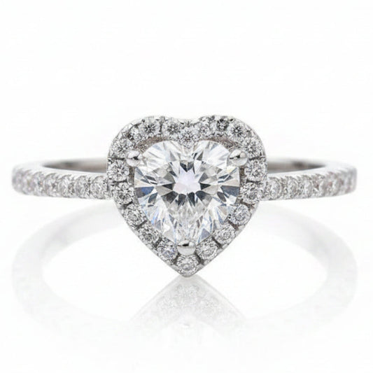 European Diamond Heart 1 Carat Moissanite Diamond Ring set in Platinum Plated 925 Silver (GRA)
