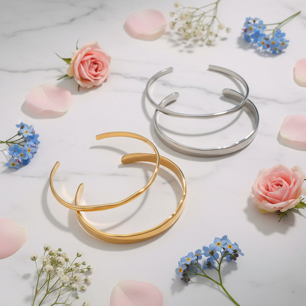 French Chic Designed Twin Wave Open-Ended Bangle Bracelet set in 18K Gold Plating