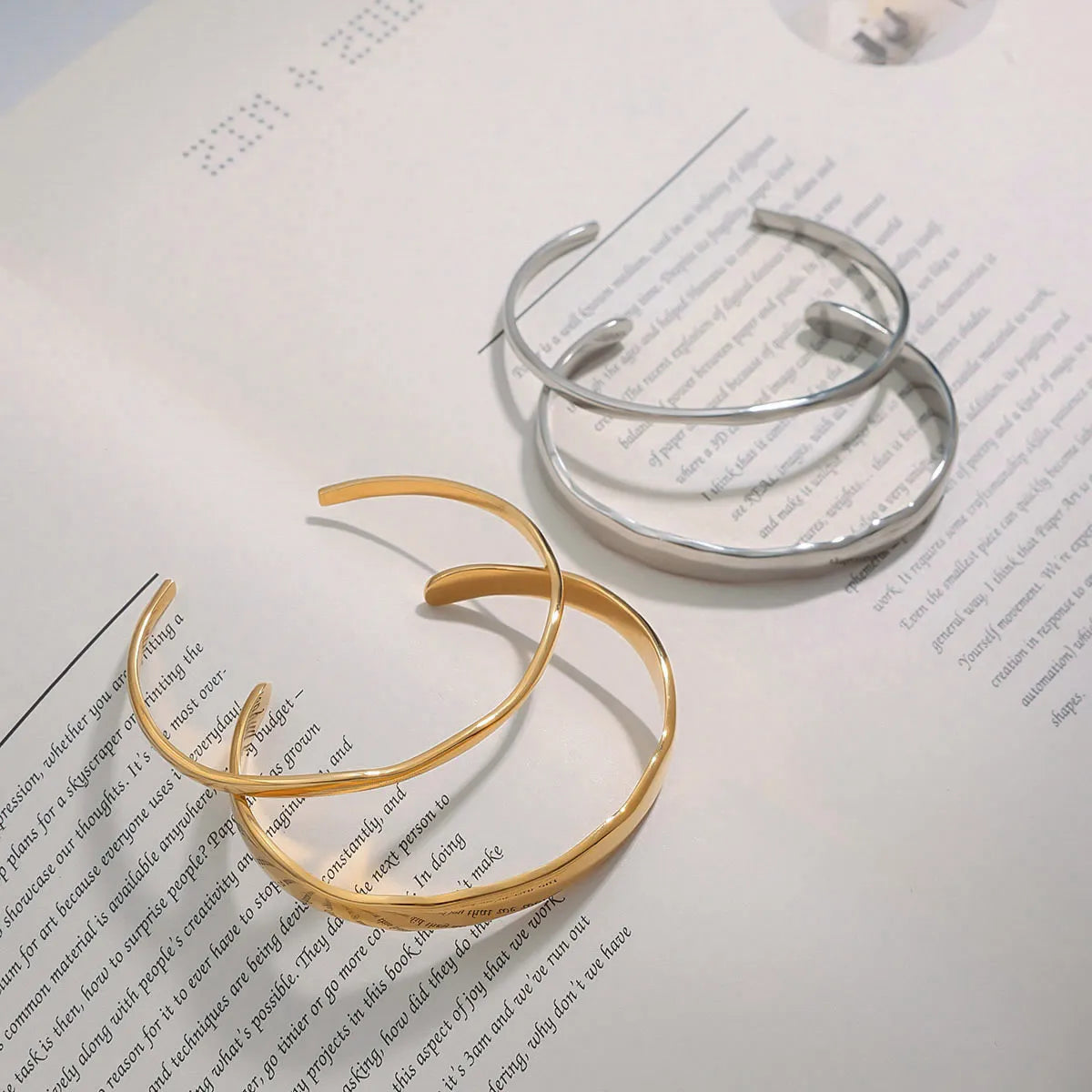 Simple French Chic Designed Twin Wave Open-Ended Bangle Bracelet set in 18K Gold Plating Capella Jewellery