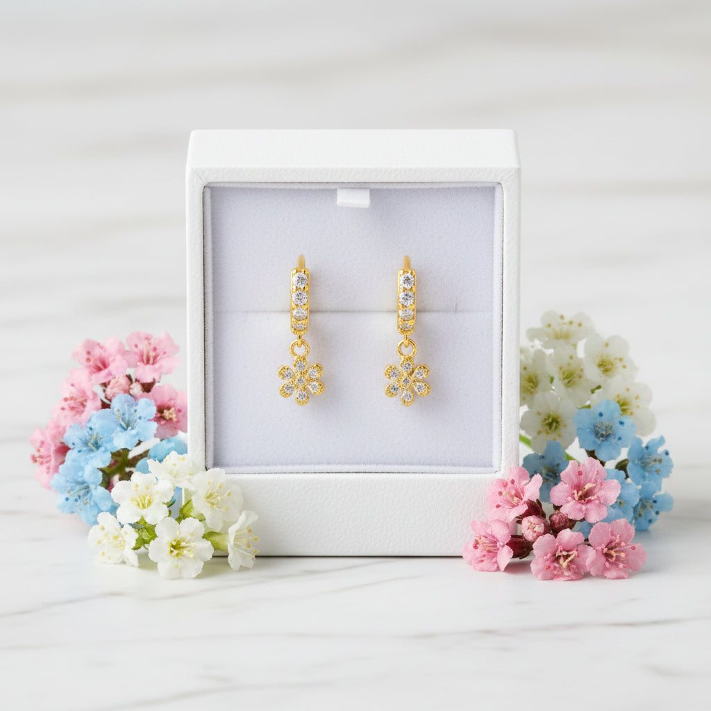 Diamond Flowers Micro Natural Zircon Gemstone Earrings set in Platinum Plated 925 Silver