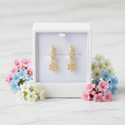 Italian Diamond Flowers Design Micro Natural Zircon Gemstone Earrings set in Platinum Plated 925 Silver Capella Jewellery