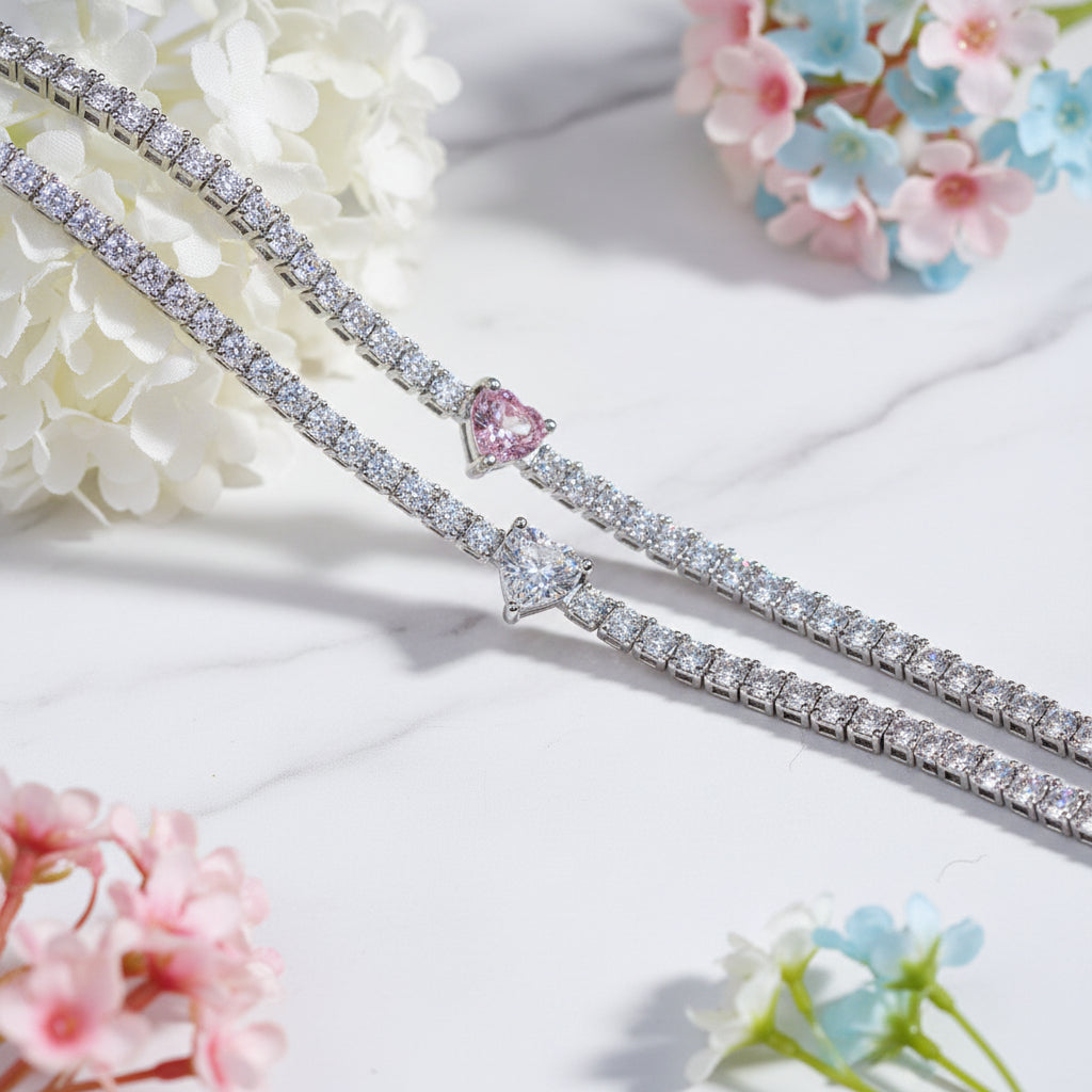 White Heart 0.5 Carat set in Full 2mm Moissanite Diamond Bracelet set in 925 Silver (GRA)