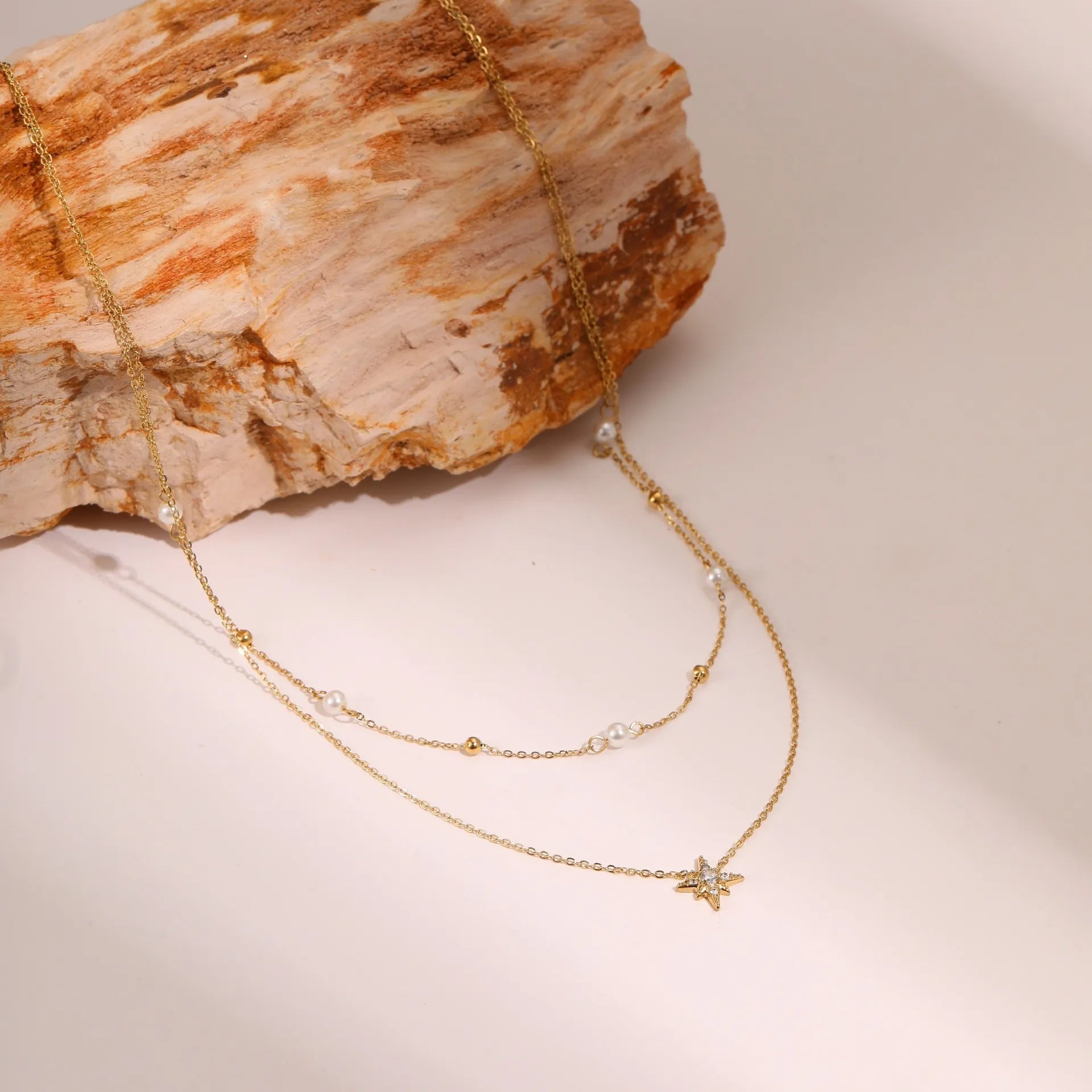 Six-Pointed Star or Heart Double-layer Pearl Necklace and Bracelet set in 18K Gold Plating Capella Jewellery