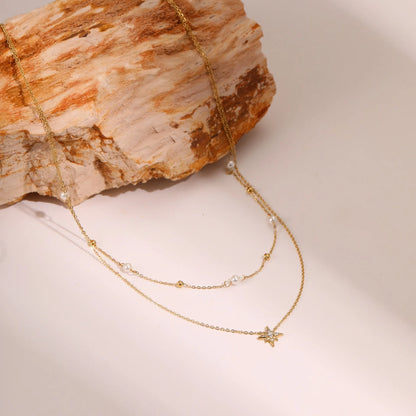 Six-Pointed Star or Heart Double-layer Pearl Necklace and Bracelet set in 18K Gold Plating Capella Jewellery