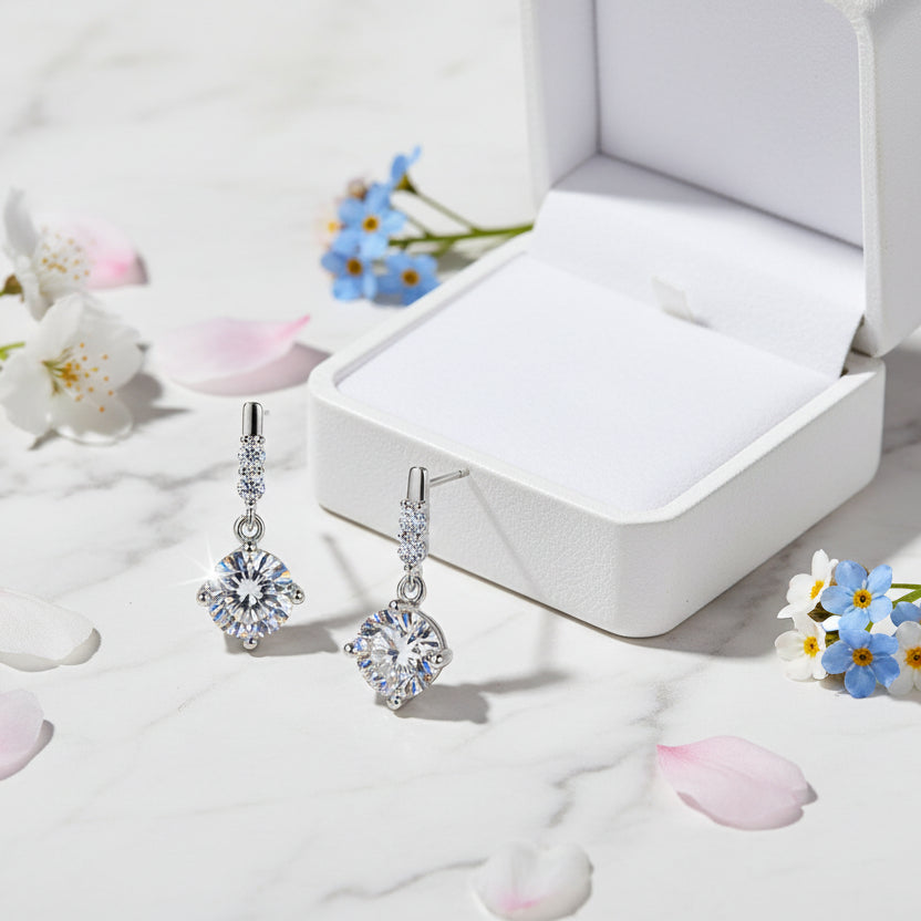 Korean Snowdrop 2 Carat Moissanite Diamond Earrings set in 18K White Gold 925 Silver (GRA)