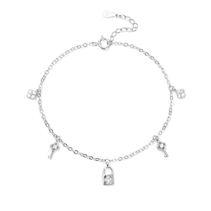Lock & Key Design Natural Inlay Zircon Gemstone Bracelet set in Platinum Plated 925 Silver