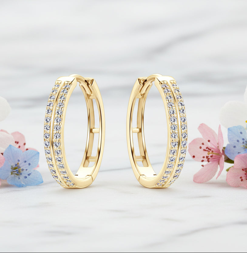 Modern Twin Row Hoop Moissanite Diamond Earrings set in Gold Plated 925 Sterling Silver (GRA)
