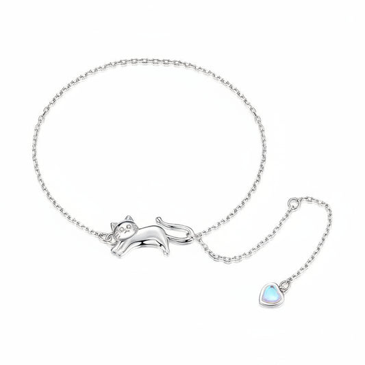 French Cute Playful Kitty Cat Motif Charm Bracelet set in Platinum Plated 925 Sterling Silver