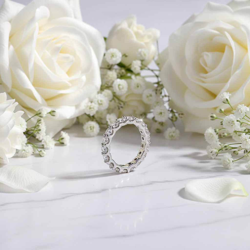 French Full Eternity 2.2 Carat Moissanite Ring set in 18K White Gold Plated 925 Silver (GRA) Capella Jewellery