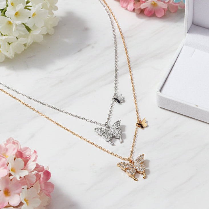 Twin Butterflies Design Micro Inlaid Moissanite Diamond Necklace set in 925 Sterling Silver
