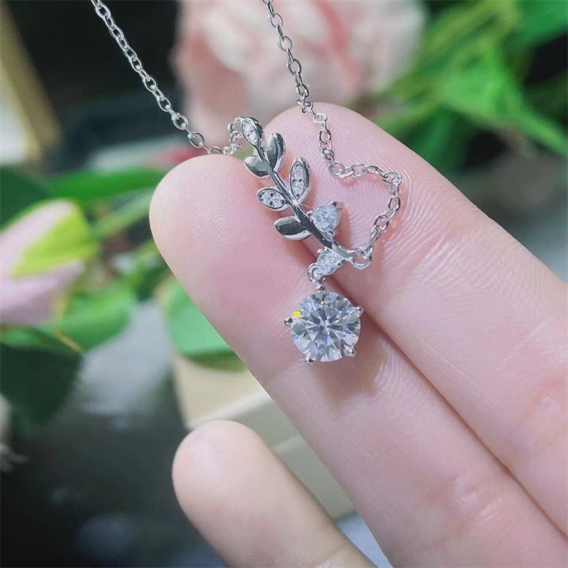 Italian Olive Branch 1 Carat Moissanite Diamond Necklace set in Platinum Plated 925 Silver (GRA)