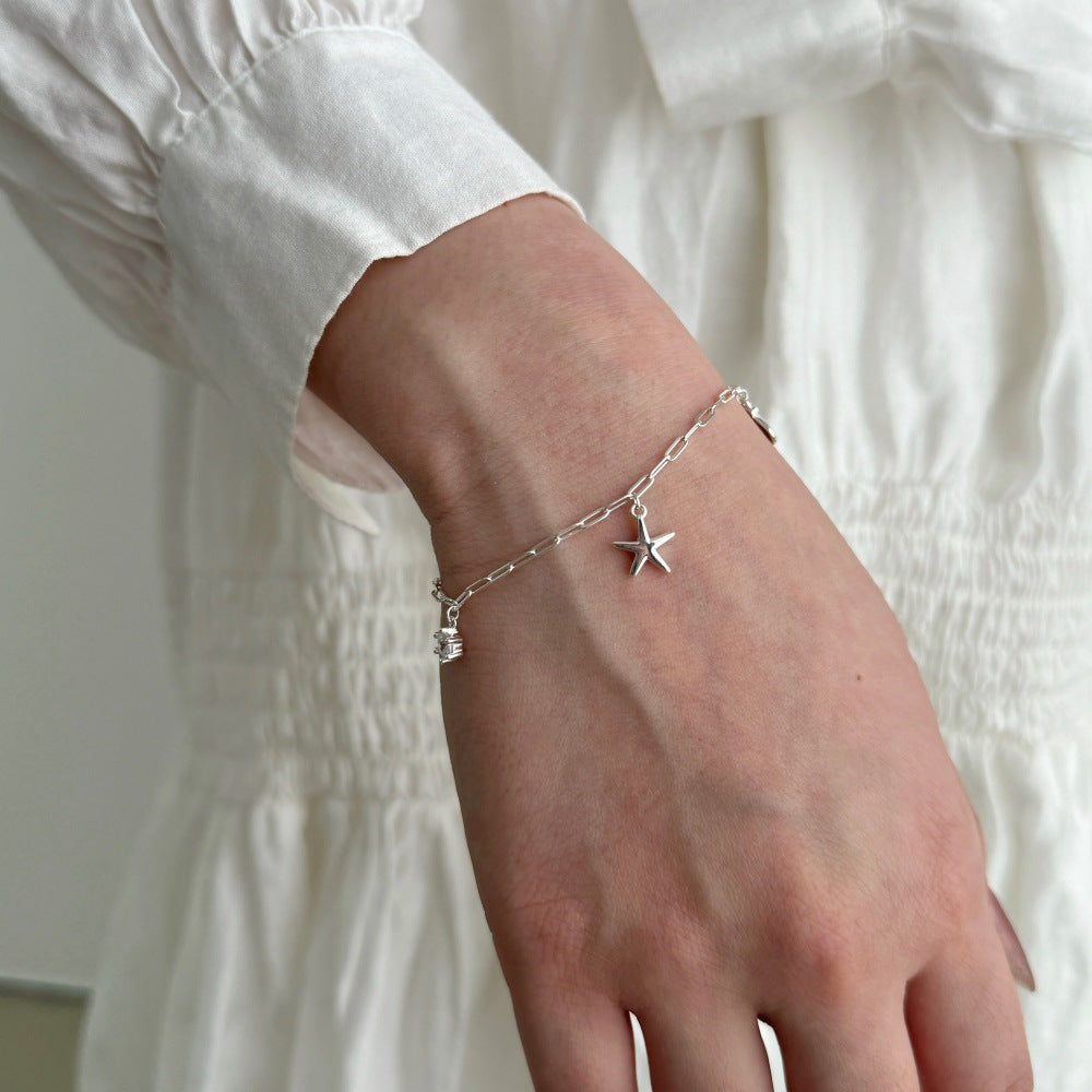 Ocean Starfish and Shell Natural Zircon Gemstone Bracelet set in 925 Sterling Silver