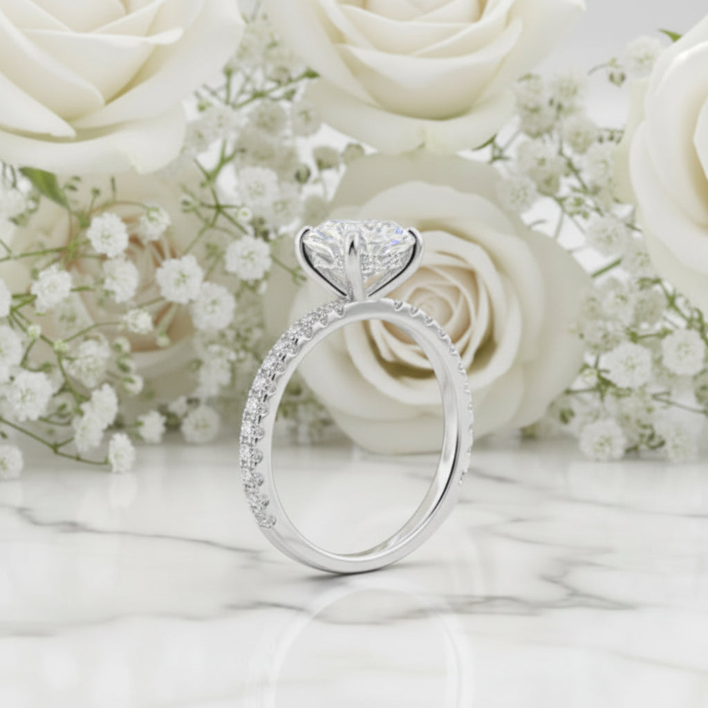 European Solitaire Pavé Inlay Sides 2 Carat Moissanite Ring set in 18K White Gold Plated 925 Silver (GRA) Capella Jewellery