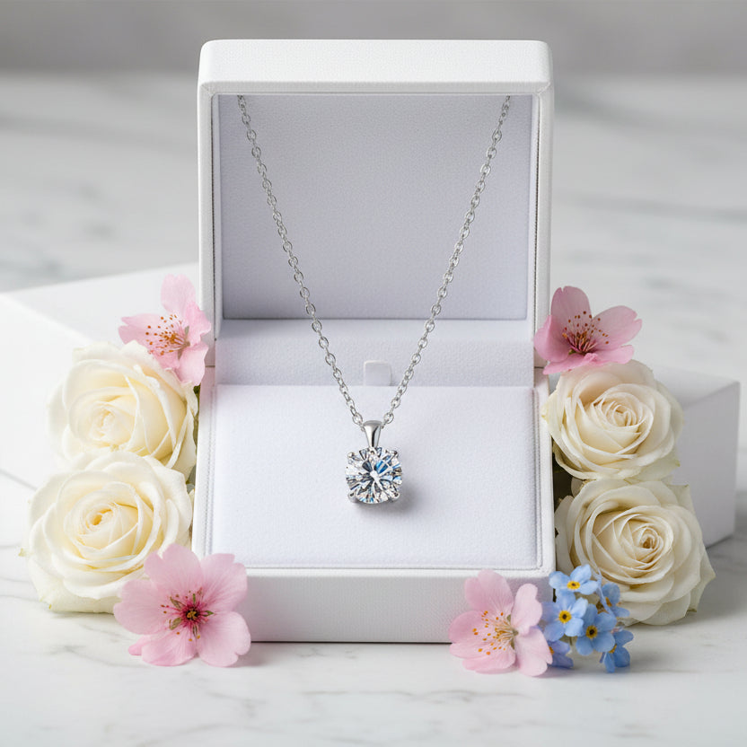 Four Claw 1 Carat Moissanite Diamond Pendent Necklace set in 18K Gold Plated 925 Silver (GRA)