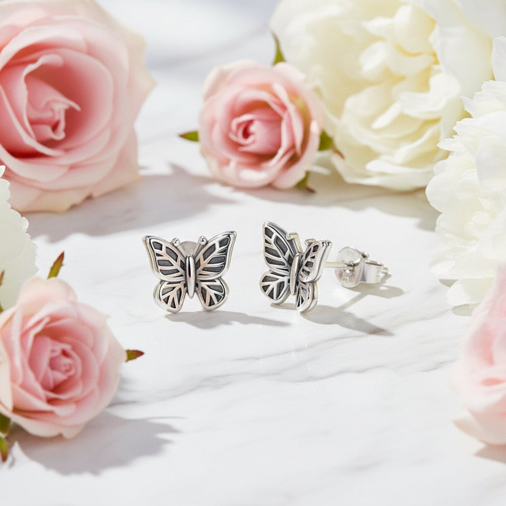 Japanese Design Retro Ziyun Butterfly Motif Earrings set in 925 Sterling Silver