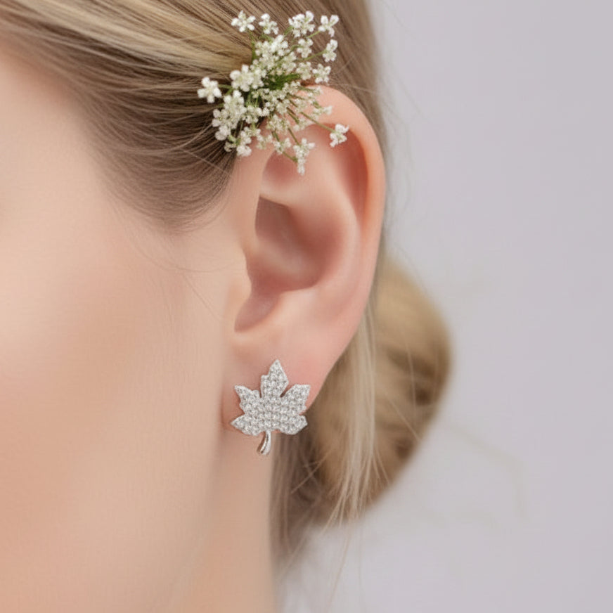 French Maple Leaf Design Micro Inlaid Natural Zircon Gemstone Earrings set in 925 Silver