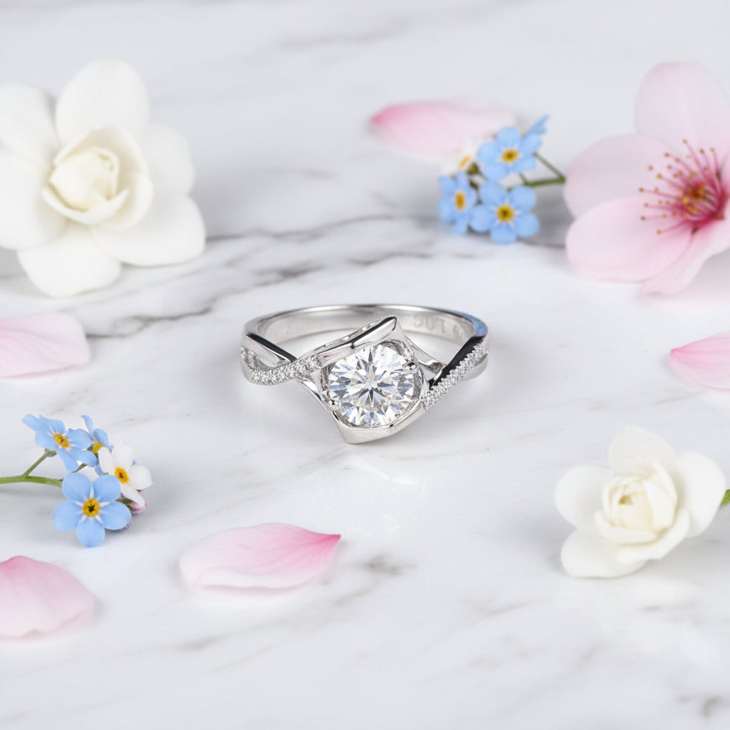 French Kiss Pavé Design 1 Carat Moissanite Diamond Ring set in 18K White Gold Plated 925 Silver (GRA)