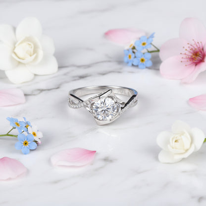 Two Hearts French Pavé Inlay Solitaire 1 Carat Moissanite Ring set in 18K White Gold Plated 925 Silver (GRA) Capella Jewellery