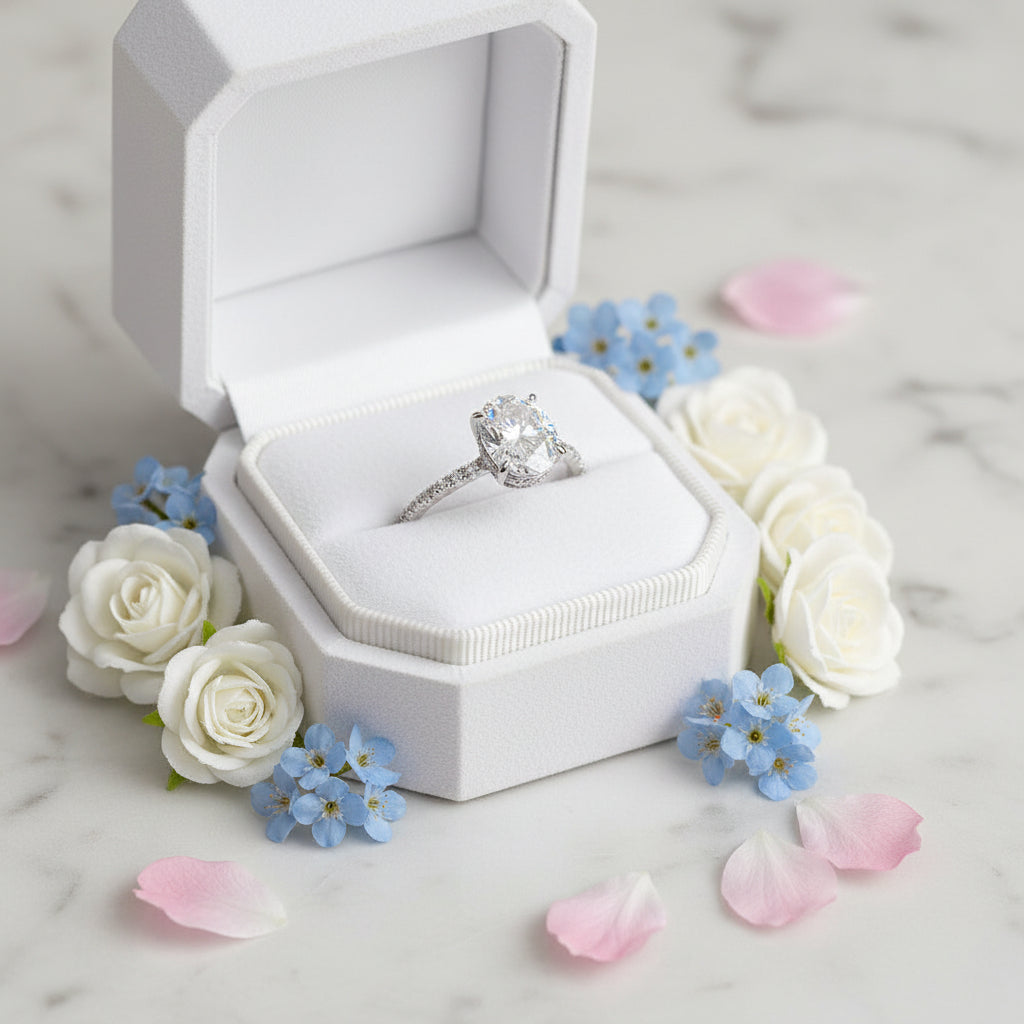Classic European Oval Cut 3 Carat Moissanite Diamond Ring set in Platinum Plated 925 Silver (GRA)