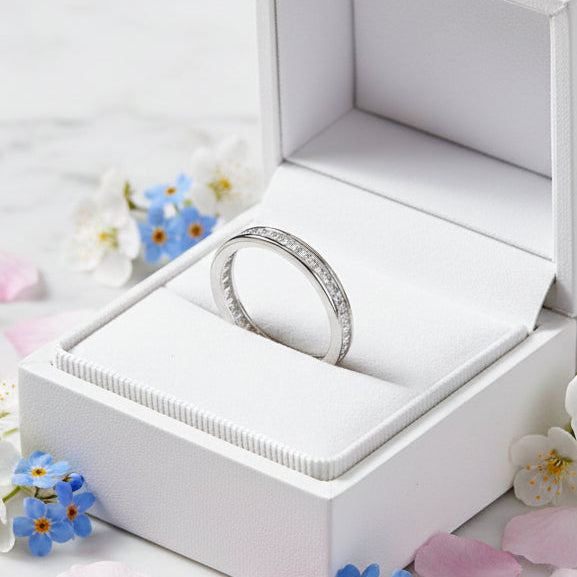 Italian Rome Eternity Pavé Natural Zircon Gemstone Ring set in 18K White Gold Plated 925 Silver