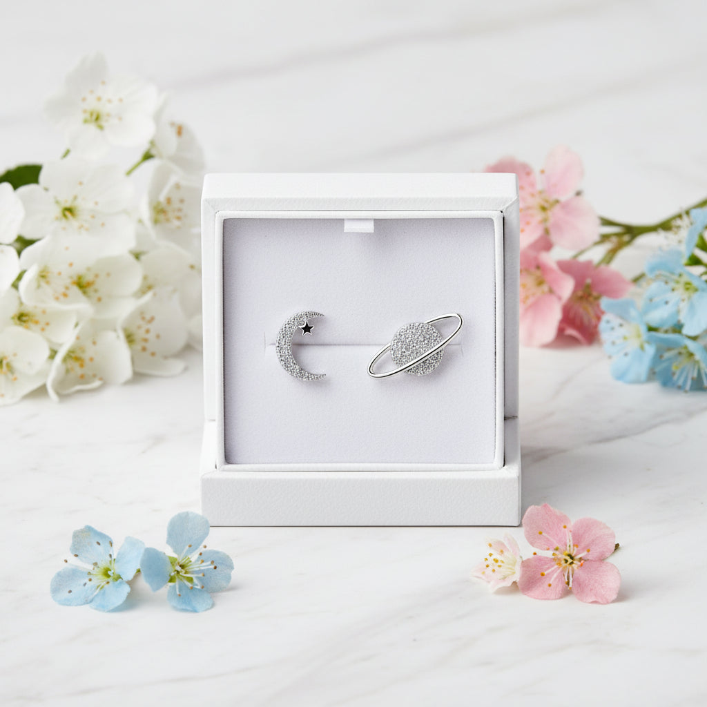 Moon & Saturn Micro Inlaid Moissanite Diamond Earrings set in 925 Sterling Silver (GRA)