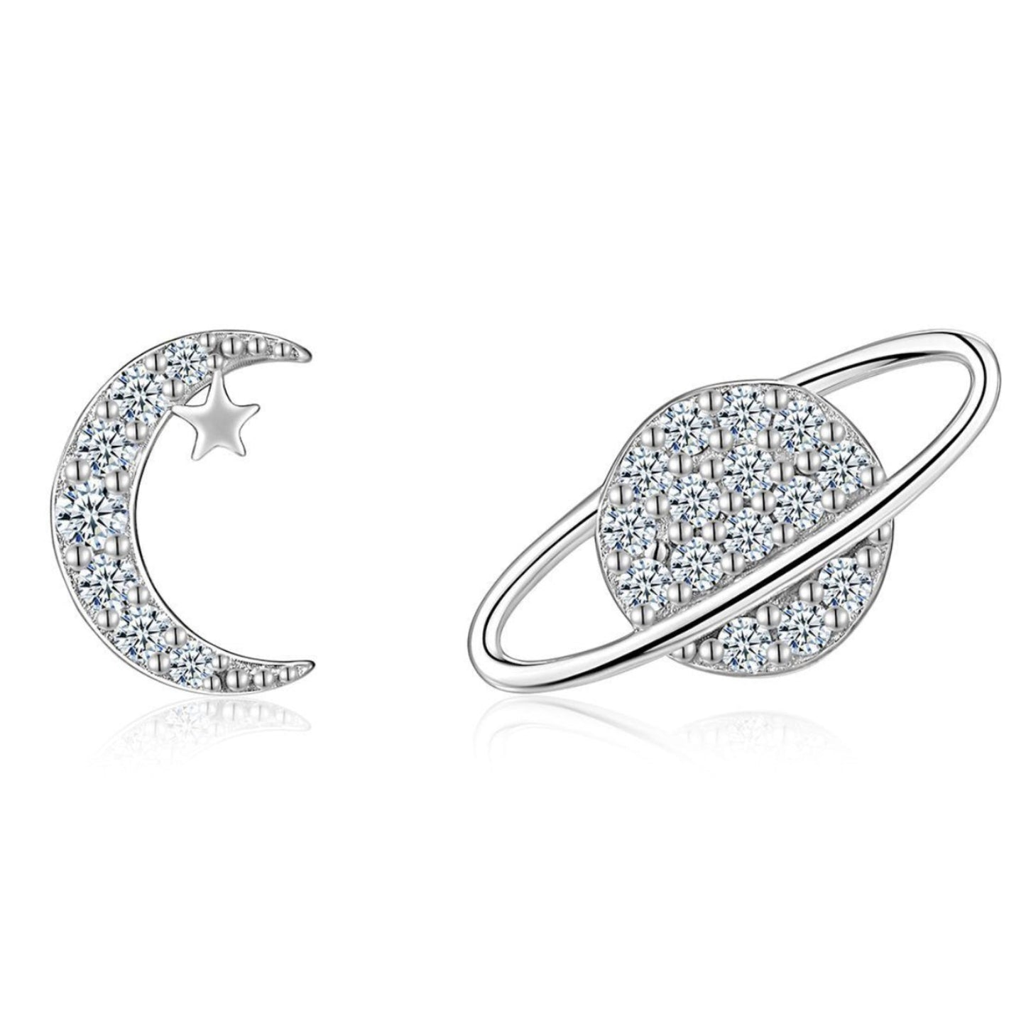 Moon & Saturn Micro Inlaid Moissanite Earrings set in 925 Sterling Silver (GRA) Capella Reya main image