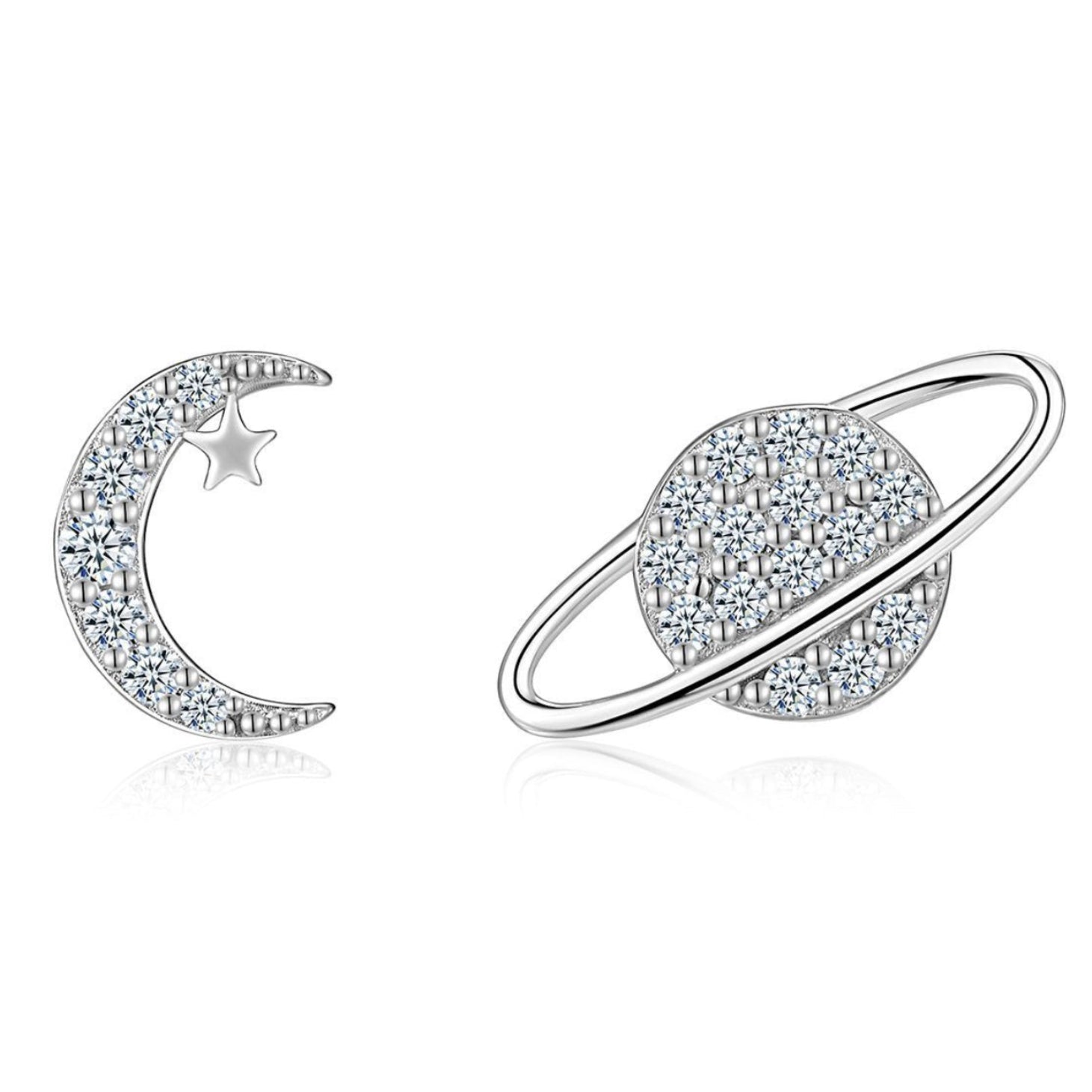 Moon & Saturn Micro Inlaid Moissanite Diamond Earrings set in 925 Sterling Silver (GRA)
