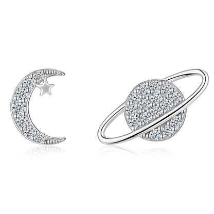 Moon & Saturn Micro Inlaid Moissanite Earrings set in 925 Sterling Silver (GRA) Capella Reya main image