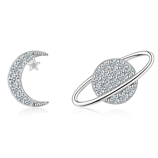 Moon & Saturn Micro Inlaid Moissanite Diamond Earrings set in 925 Sterling Silver (GRA)