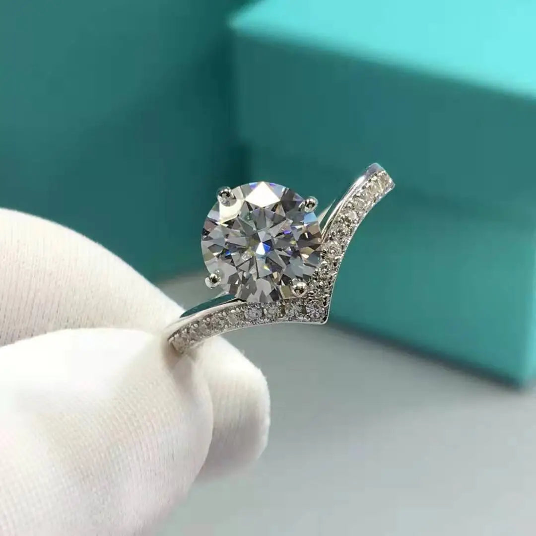 French Chevron Solitaire Pave Inlay 1 Carat Moissanite Diamond Ring set in 18K White Gold 925 Silver