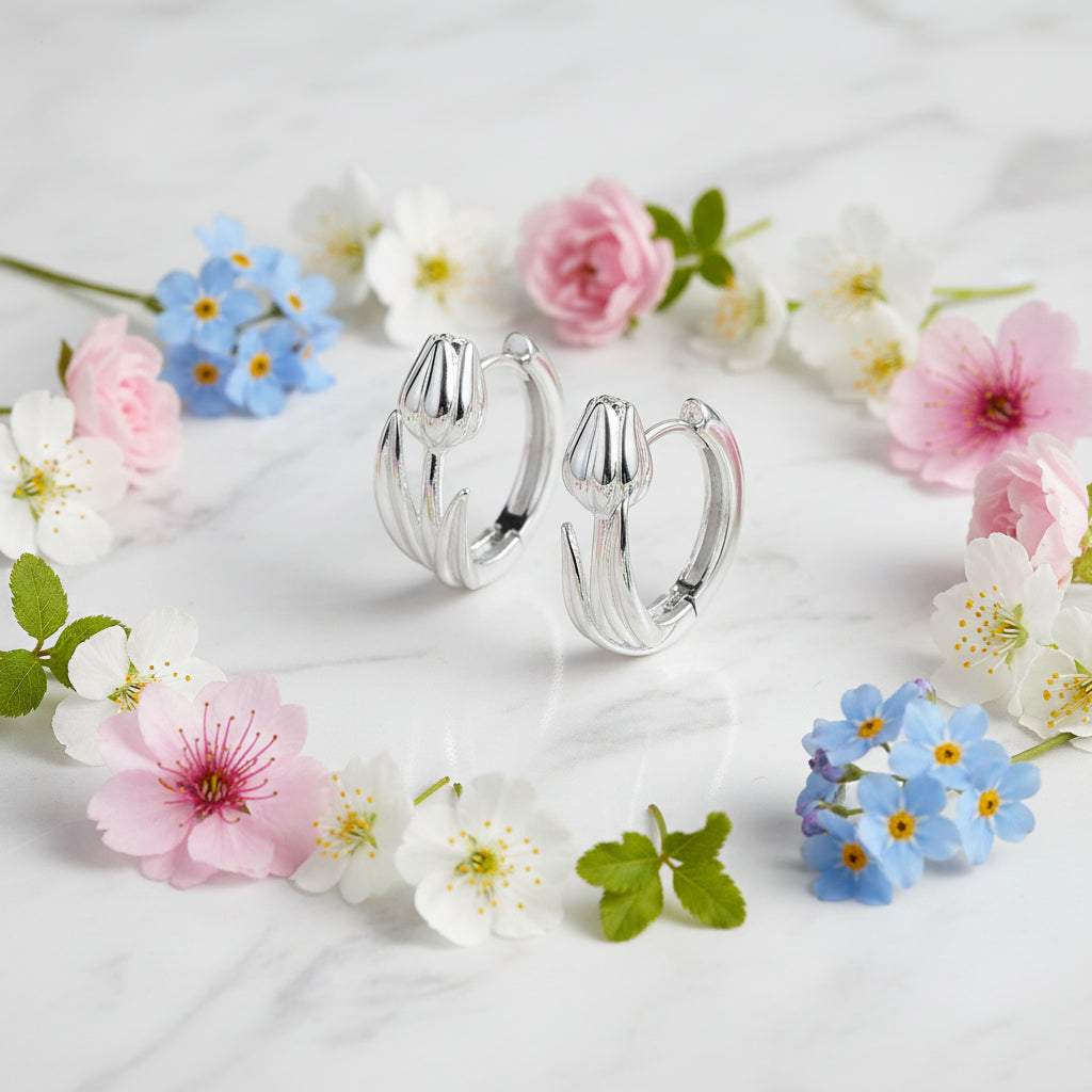 European Tulip Inspired Design Earrings set in Platinum Plated 925 Pure Sterling Silver