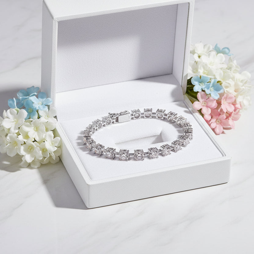 French Time Bracelet Row Of 1 Carat Moissanite set in 18K White Gold Plated 925 Silver (GRA) Capella Jewellery
