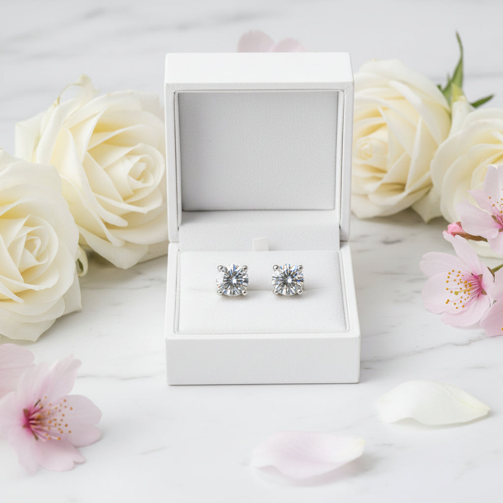 Classic Four-Claw 1 Carat Moissanite Diamond Earrings set in Platinum plated 925 Silver (GRA)