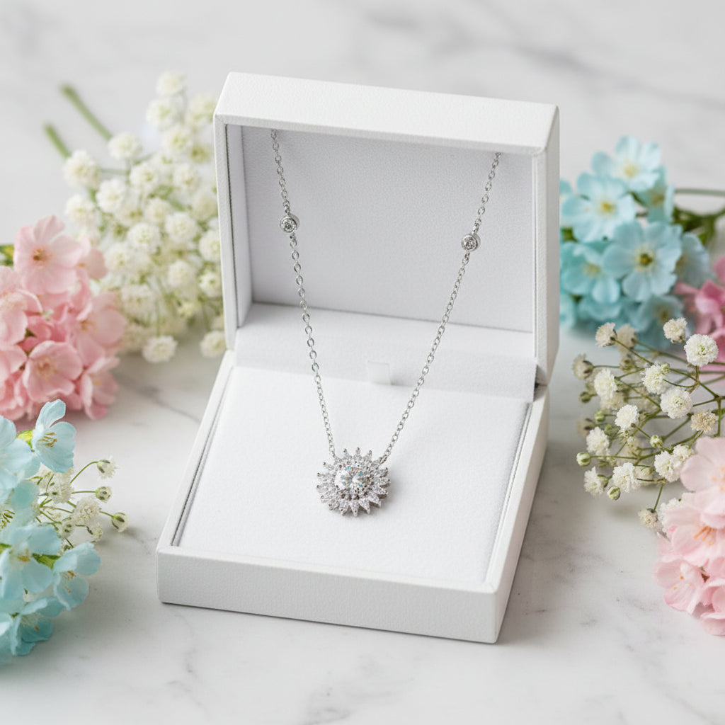 Van Gogh Sunflower 1 Carat Moissanite Diamond Pendant set in Platinum Plated 925 Silver (GRA)