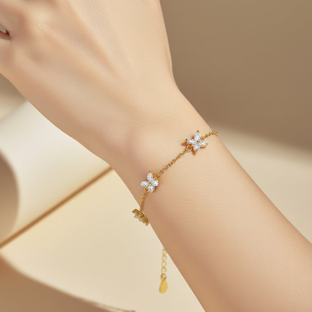 Three Butterfly Natural Zircon Gemstone Bracelet set in 18K White Gold Plated 925 Silver