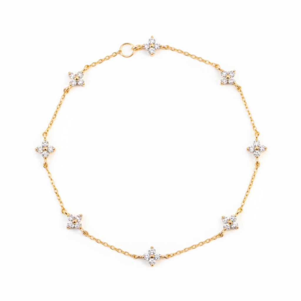 Four Leaf Clover Natural Zircon Gemstone Bracelet set in 18K Gold Plated 925 Sterling Silver