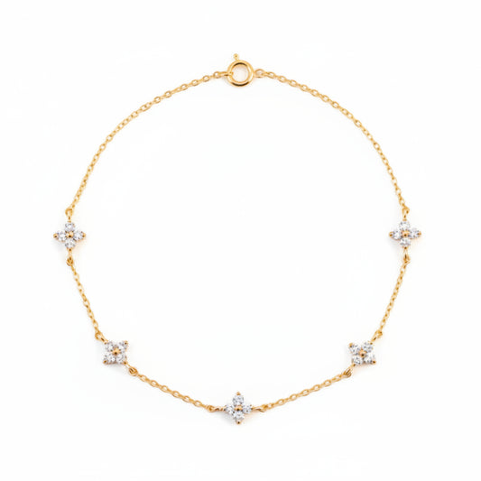 Four Leaf Clover Natural Zircon Gemstone Bracelet set in 18K Gold Plated 925 Sterling Silver