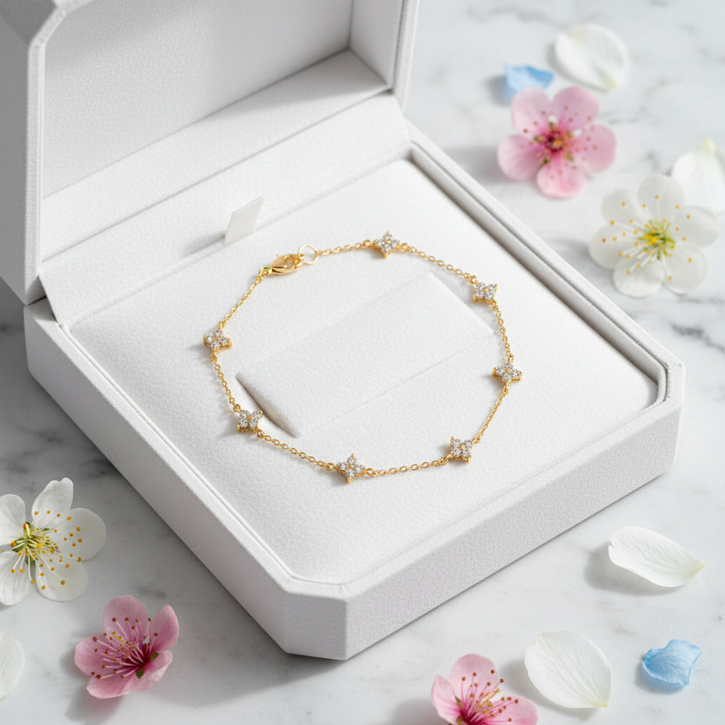 Four Leaf Clover Natural Zircon Gemstone Bracelet set in 18K Gold Plated 925 Sterling Silver