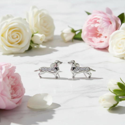 French Mini Sausage Dog Micro Natural Zircon Gemstone Earrings set in Platinum Plated 925 Silver