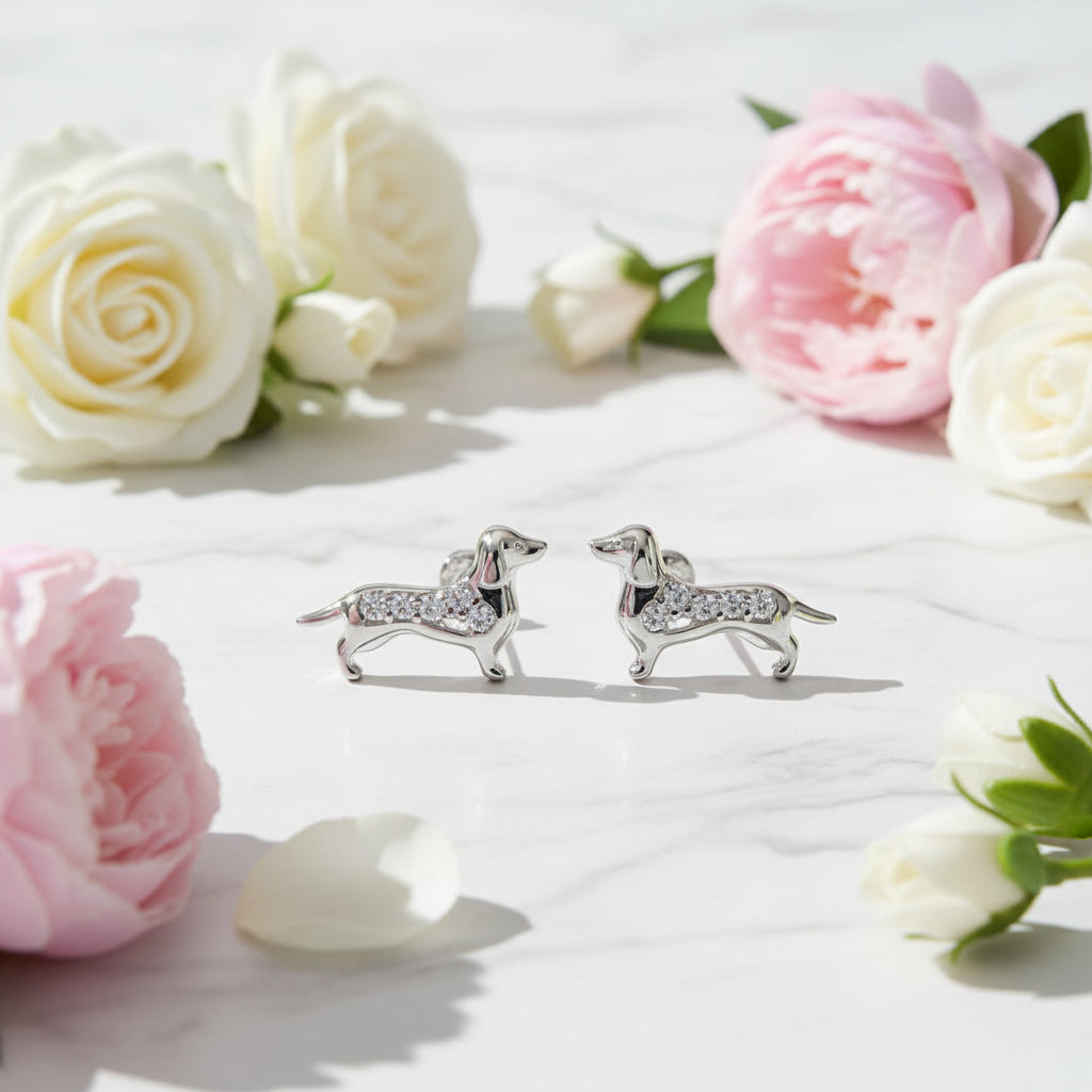 French Mini Sausage Dog Design Micro Inlaid Natural Zircon Gemstone Earrings set in 925 Silver