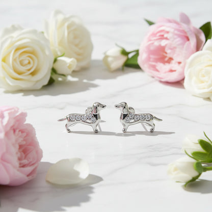 French Mini Sausage Dog Micro Natural Zircon Gemstone Earrings set in Platinum Plated 925 Silver Capella Jewellery