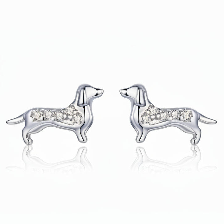 French Mini Sausage Dog Design Micro Inlaid Natural Zircon Gemstone Earrings set in 925 Silver