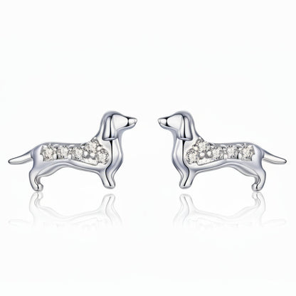 French Mini Sausage Dog Micro Natural Zircon Gemstone Earrings set in Platinum Plated 925 Silver Capella Jewellery