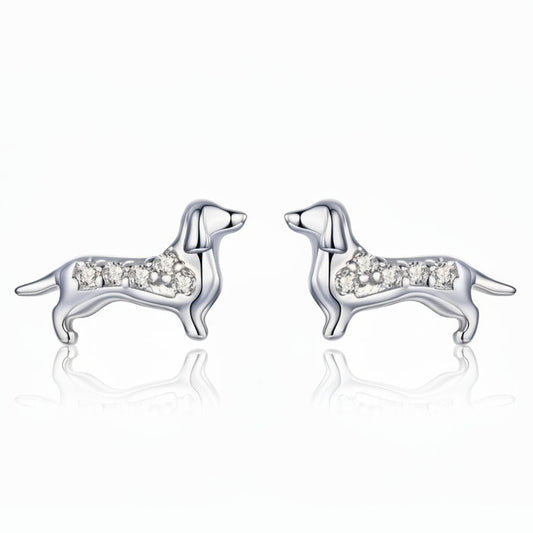 French Mini Sausage Dog Micro Natural Zircon Gemstone Earrings set in Platinum Plated 925 Silver